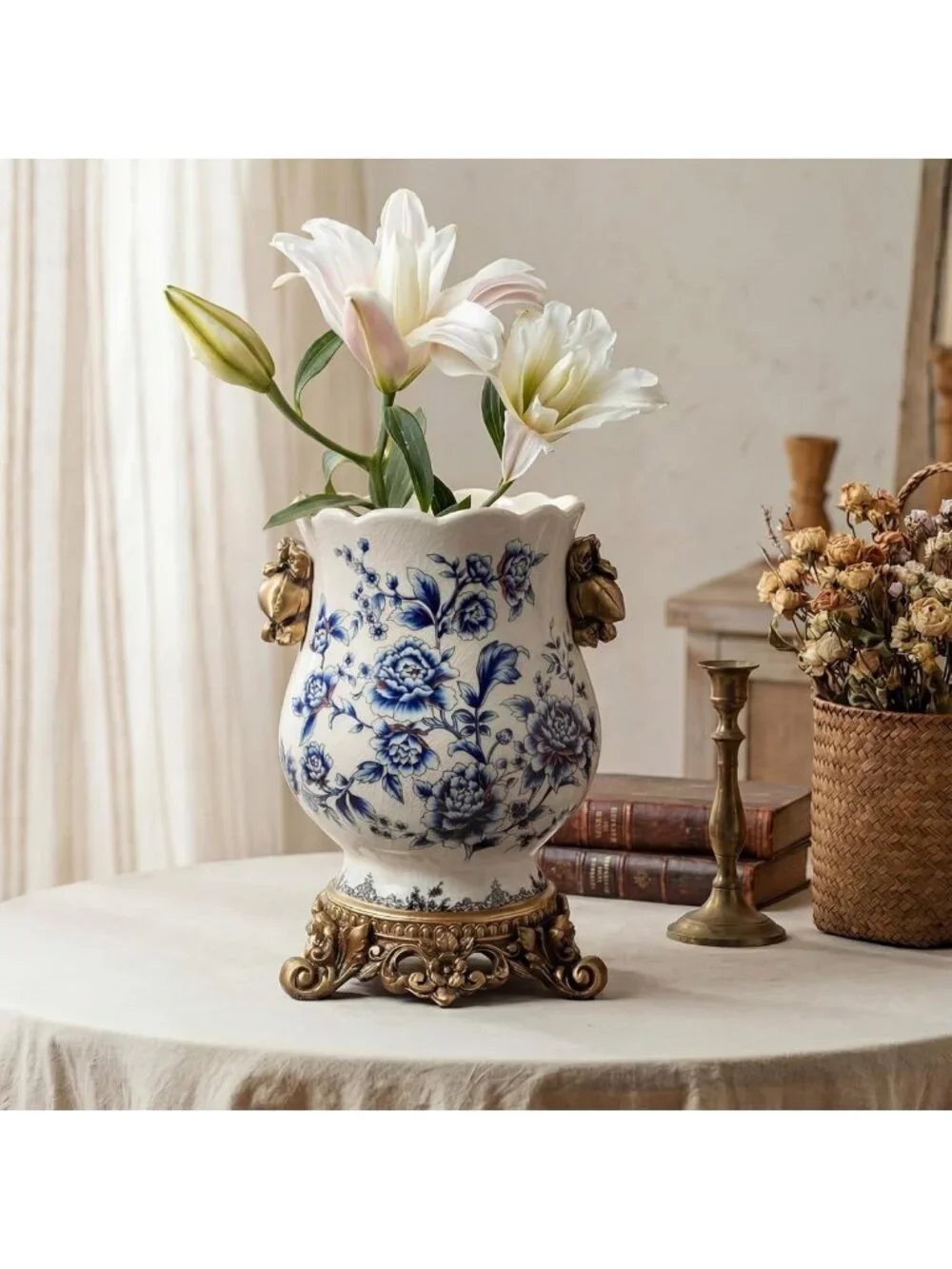 Vintage Blue & White Ceramic Vase, Gold Pedestal Chinoiserie Floral Urn, 8.3